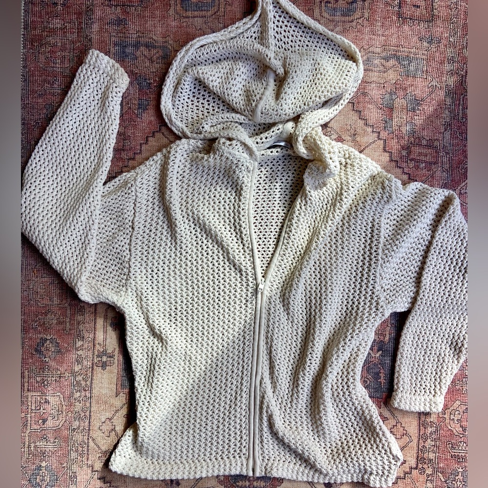Aritzia Ivory/Taupe Zip Front Knit Hoodie Sweater Sz L